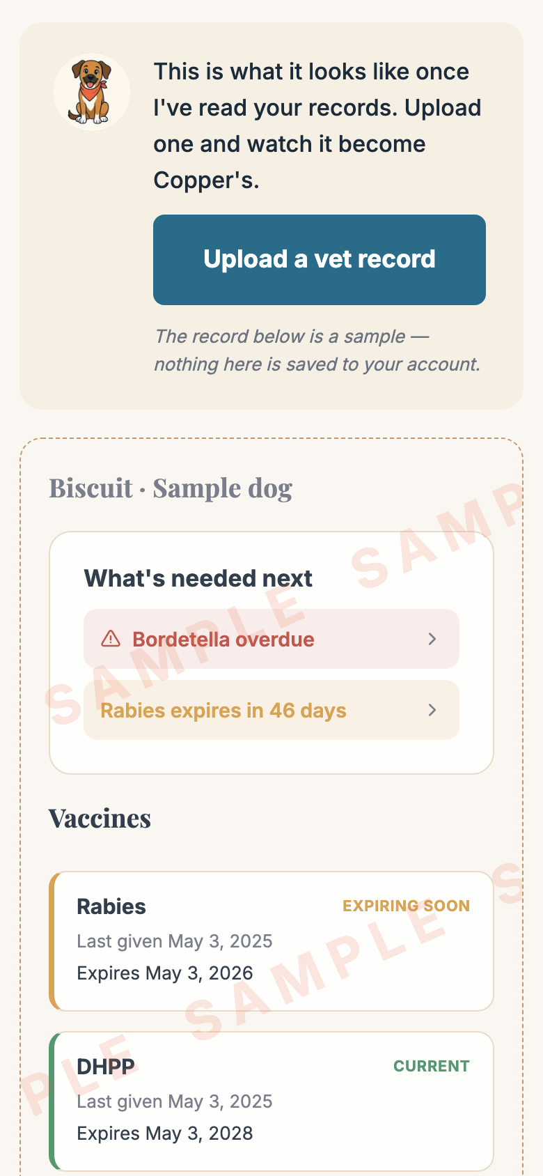 A sample health record showing vaccines, what's due, and visit history