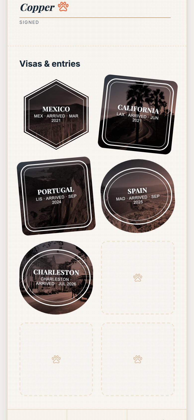 Copper's passport: destination-art stamps for Mexico, California, Portugal, and Spain