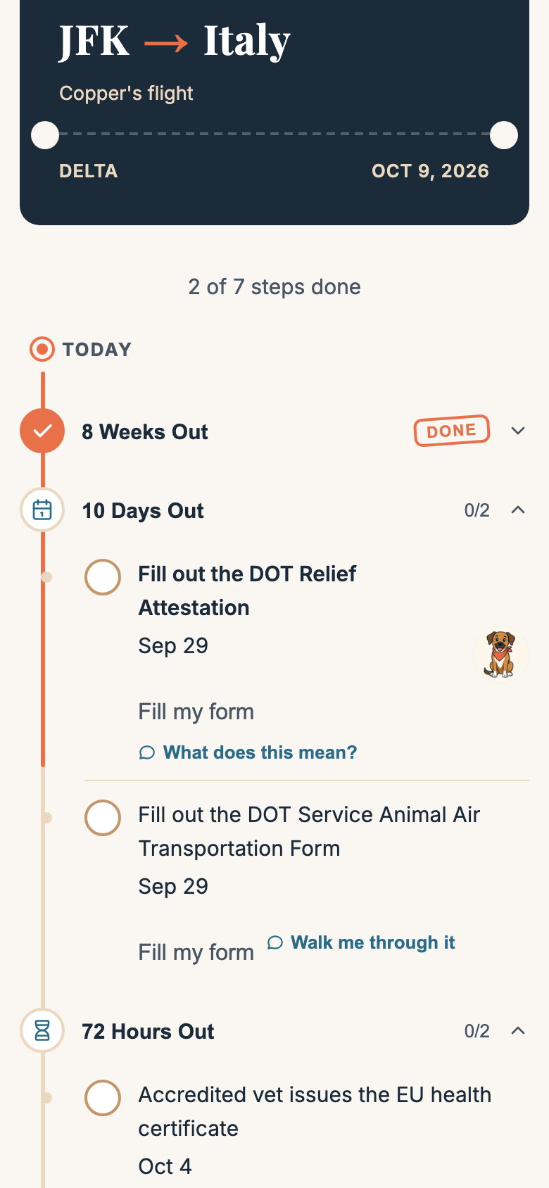 A trip checklist for JFK to Italy on Delta: DOT forms, health certificate, real deadlines, 2 of 7 steps done